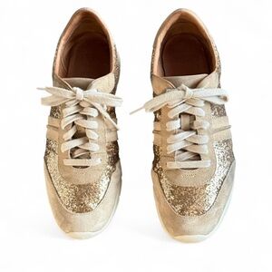 UGG size 10 Jaida Suede Leather Cream And Gold Glitter Sneakers